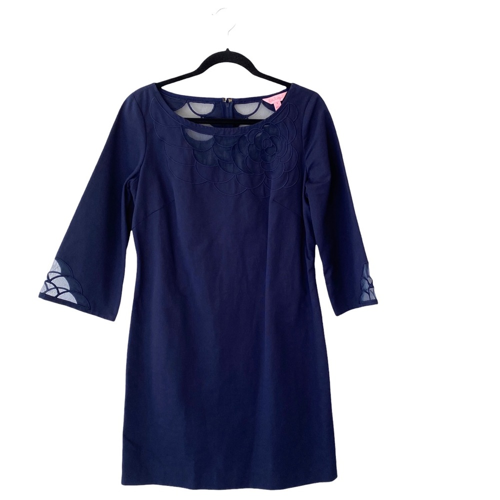 Rare Lilly Pulitzer Navy Blue Knee Length Sheath Dress 100% Cotton Size 8